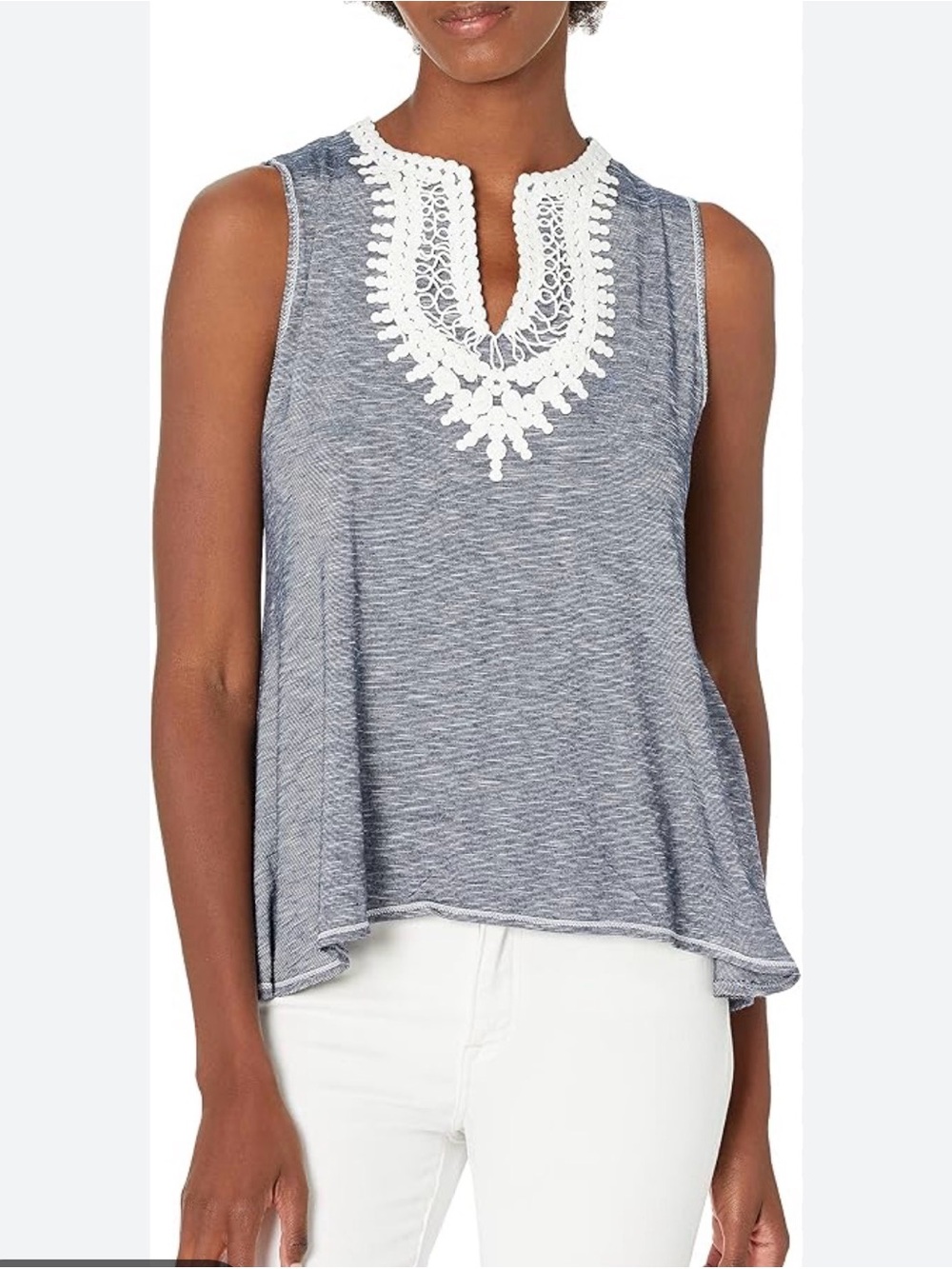 Max Studio Grey Blue Tank Top with White Crochet V-Neck